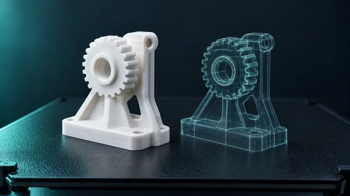 White PLA printed part next to an empty outline of the same part on the printer bed