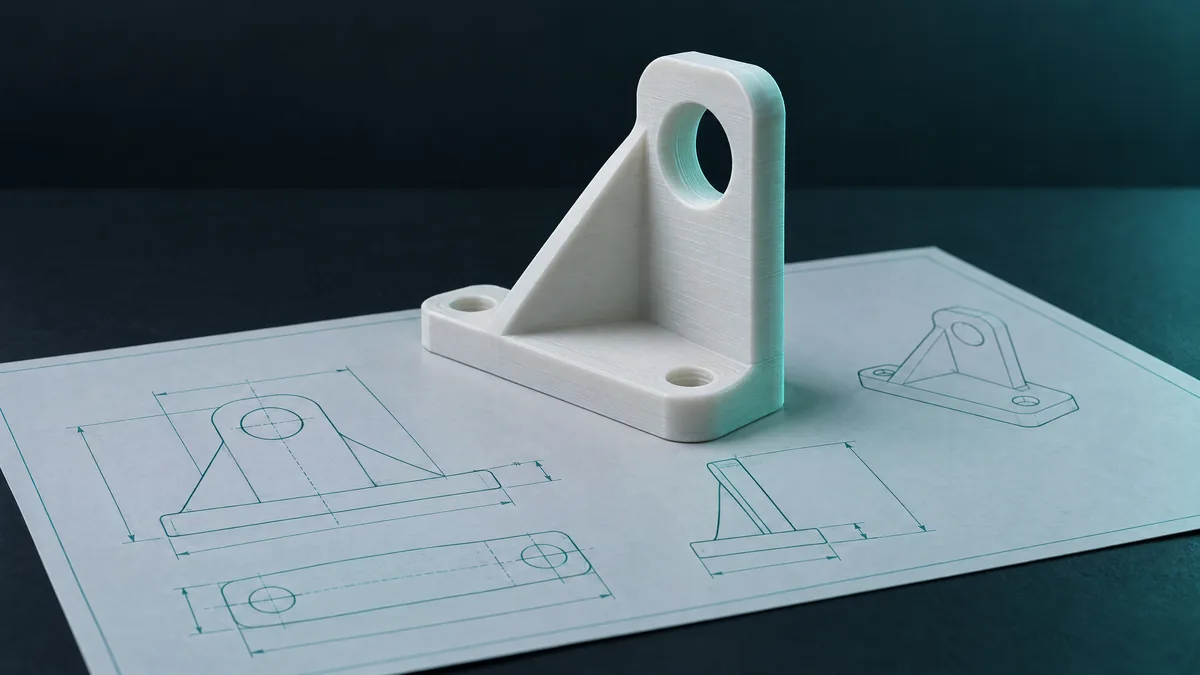 Peça impressa em PLA branco sobre um desenho técnico com linhas de cota