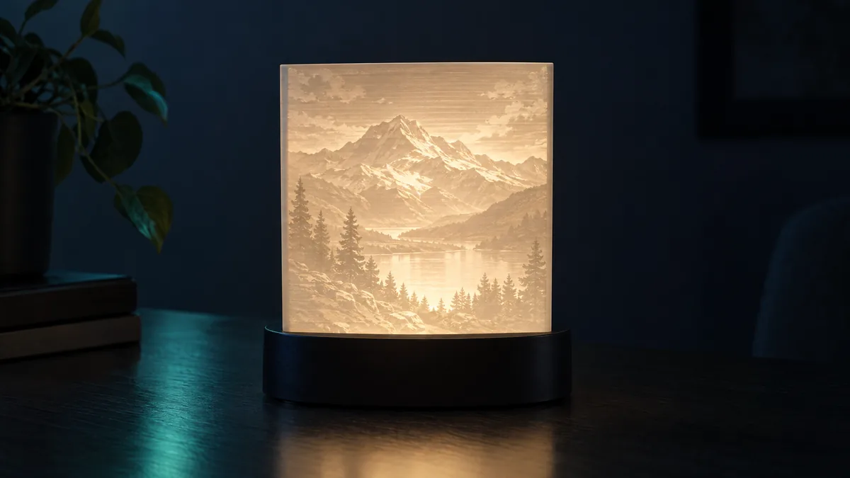 Landscape lithophane lit from behind in an LED stand
