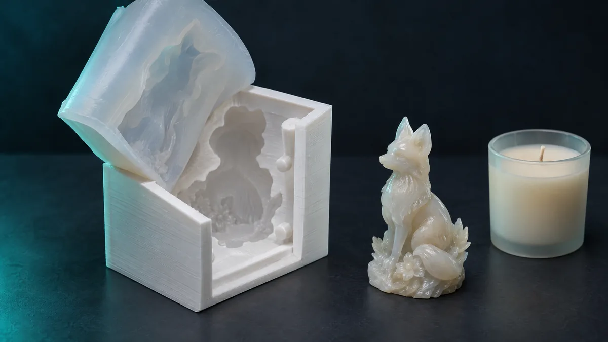 Casca impressa em 3D com molde de silicone sendo retirado, peça em resina e vela ao lado