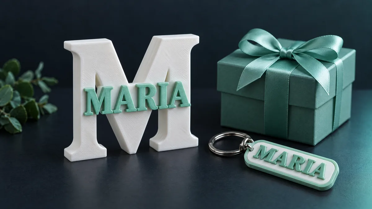 Letra M impressa em 3D com o nome Maria em relevo, chaveiro e caixa de presente