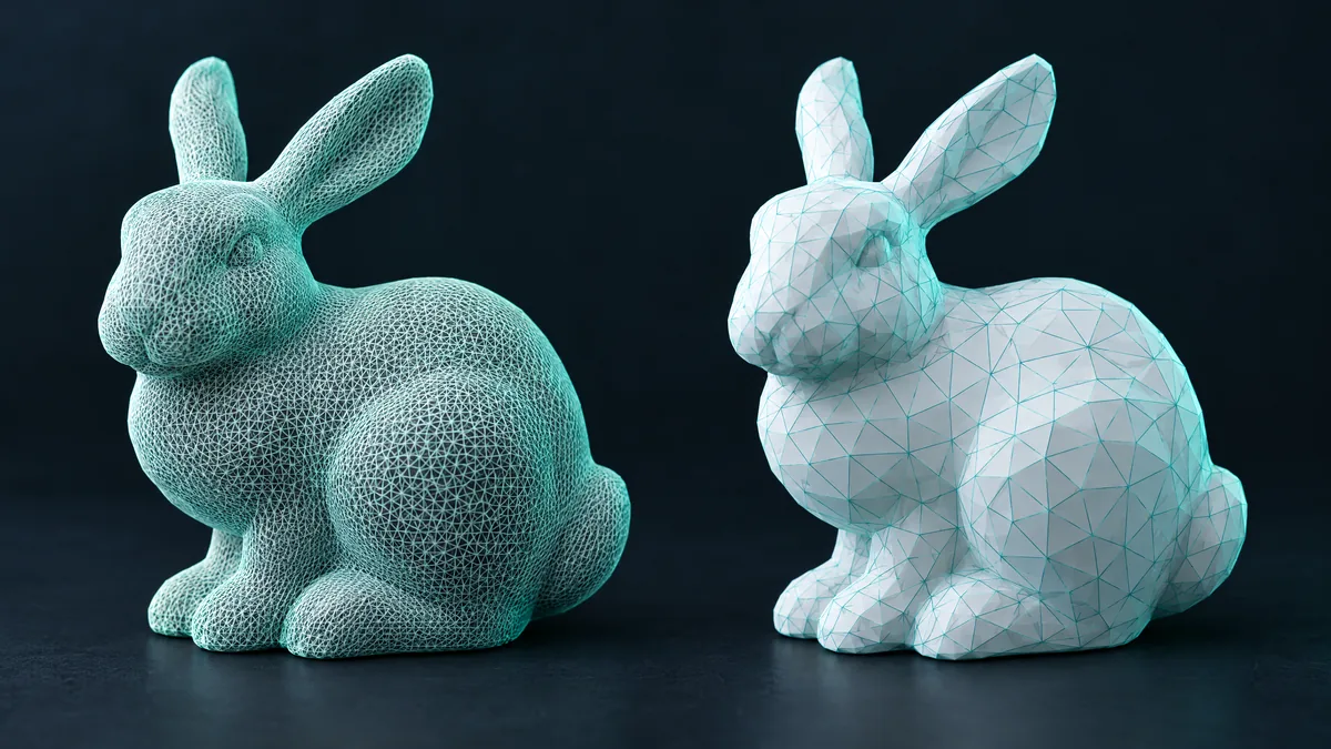 Two printed rabbits side by side, one in a dense mesh and one in a light mesh