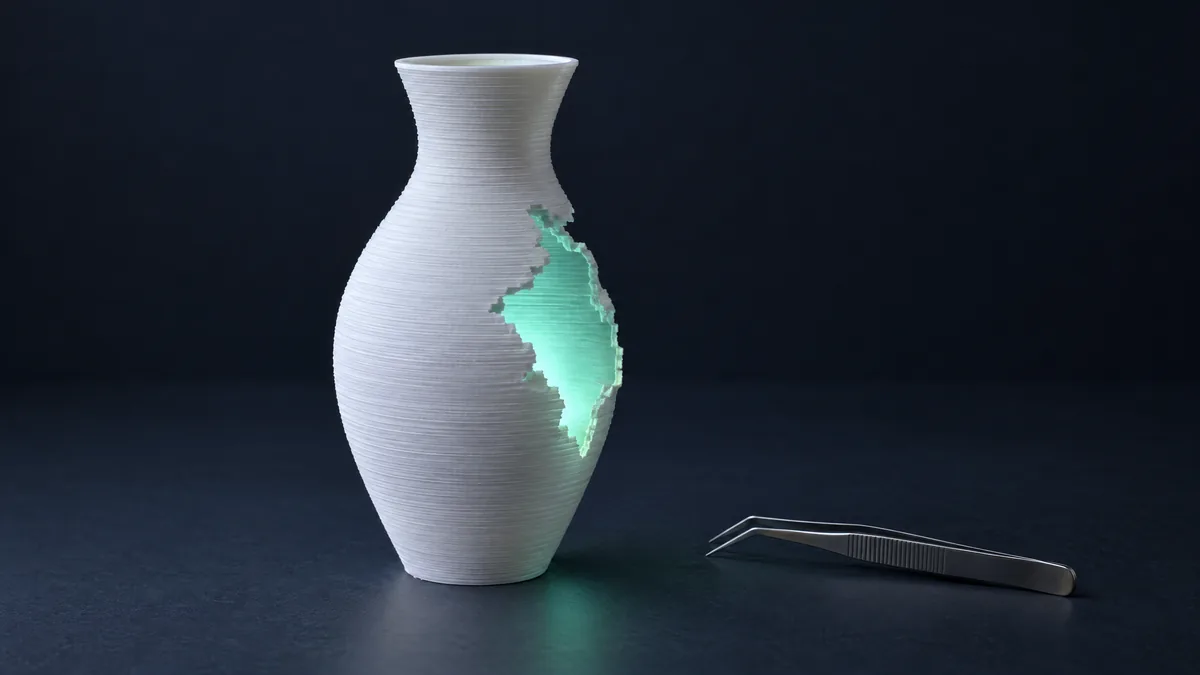 Vaso impresso em 3D com um buraco na parede e luz saindo por dentro