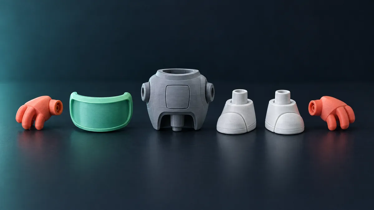 3D-printed robot taken apart into parts of different colours