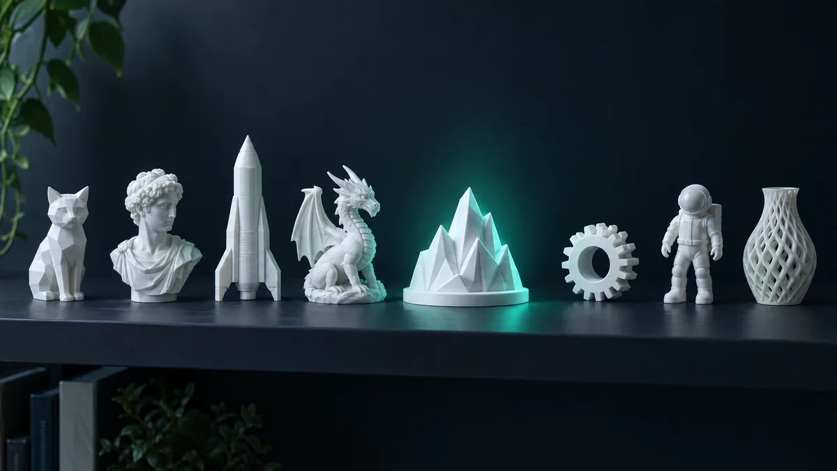 Row of white PLA printed parts on a dark shelf