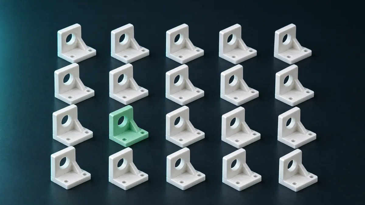 Lote de suportes impressos em 3D em grade, um deles em verde